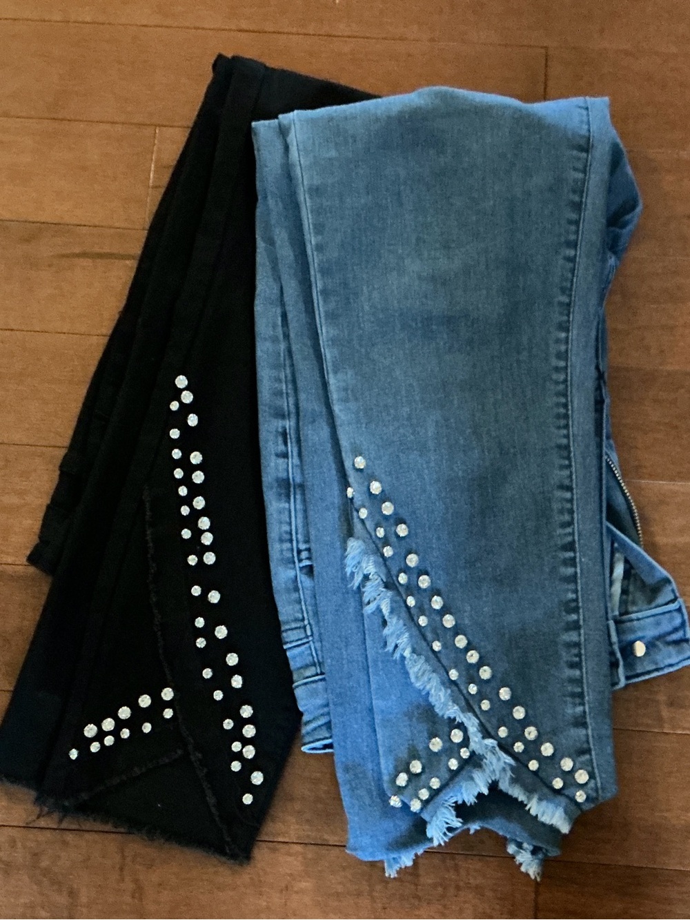 New *Never Worn —1 Blue & 1 Black Skinny Jeans with Gem Detail and Frayed Hem